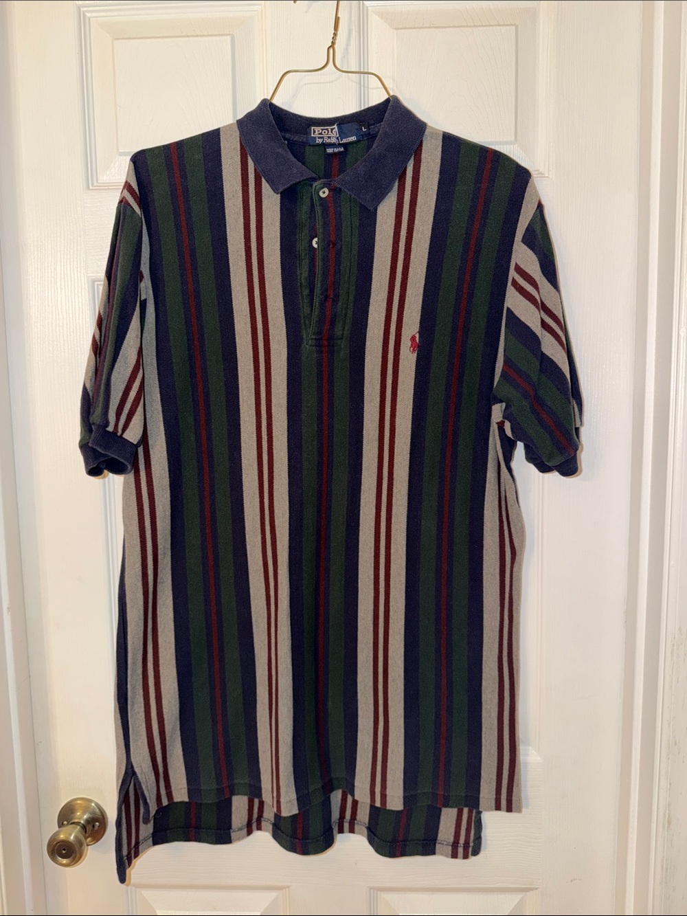Men’s Ralph Lauren Chaps Polo shirt, size L, Gray, Navy, Green & Burgundy stripe